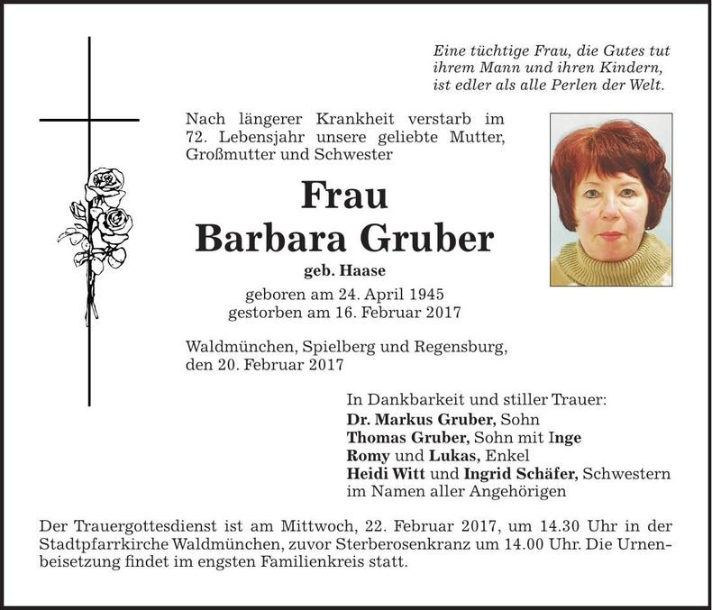 Traueranzeige Barbara Gruber