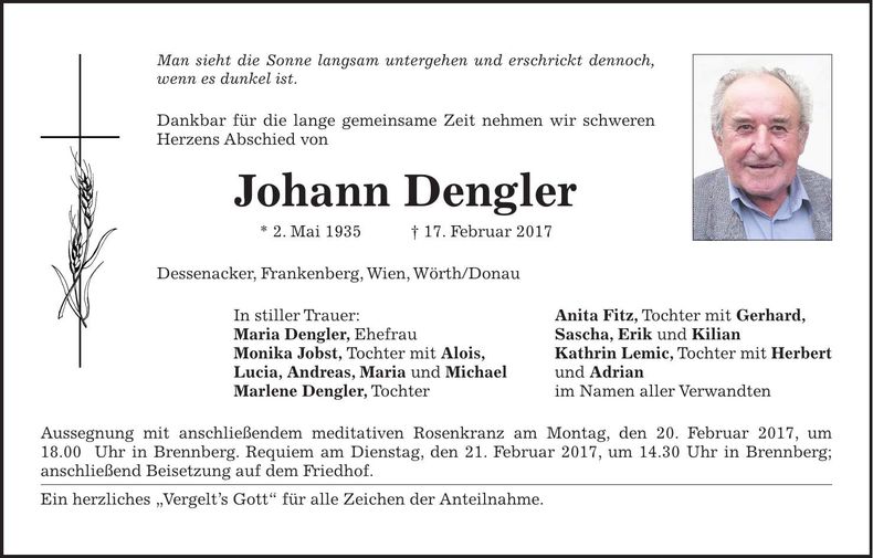 Traueranzeige Johann Dengler