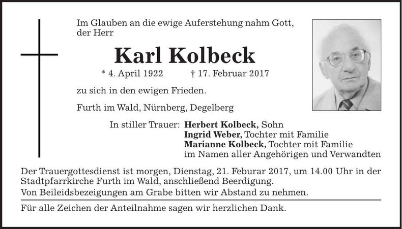 Traueranzeige Karl Kolbeck