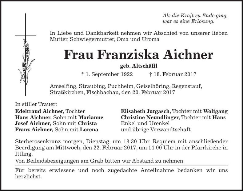Traueranzeige Franziska Aichner