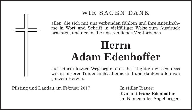 Traueranzeige Adam Edenhoffer