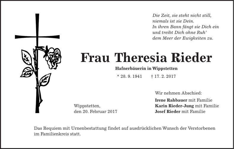 Traueranzeige Theresia Rieder
