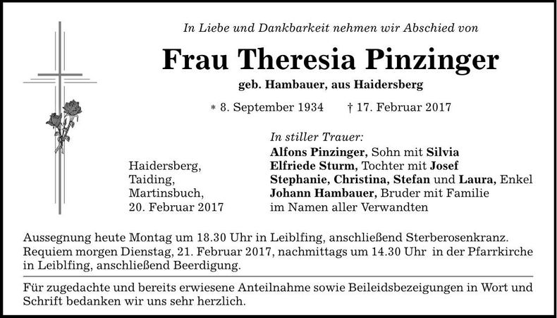 Traueranzeige Theresia Pinzinger