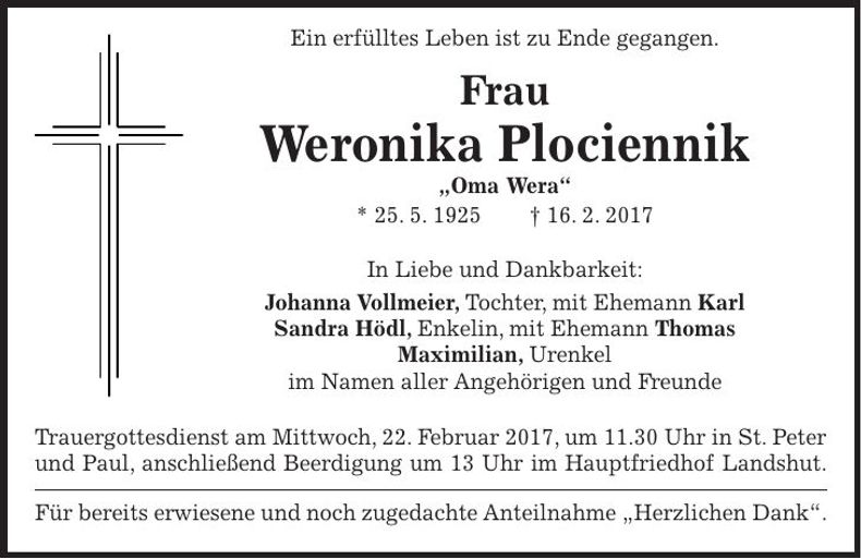 Traueranzeige Weronika Plociennik