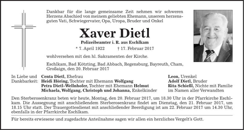 Traueranzeige Xaver Dietl