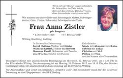 Traueranzeige Anna Zistler