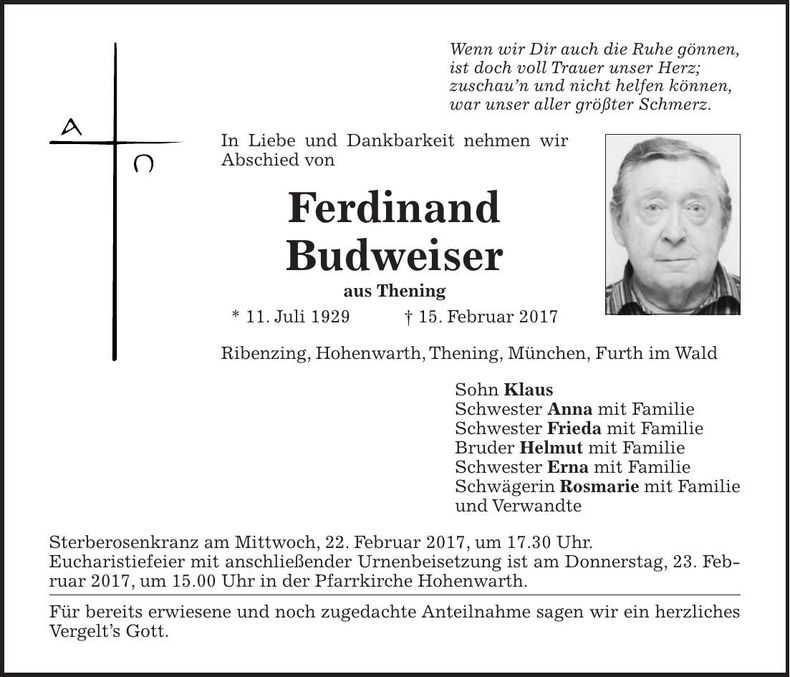 Traueranzeige Ferdinand Budweiser