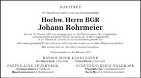 Traueranzeige Johann Rohrmeier
