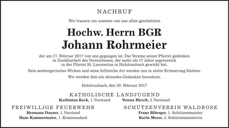 Traueranzeige Johann Rohrmeier