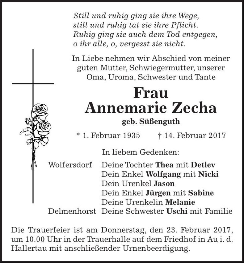 Traueranzeige Annemarie Zecha