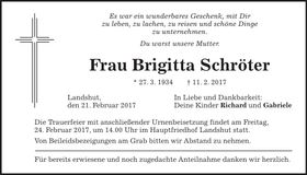 Traueranzeige Brigitta Schröter