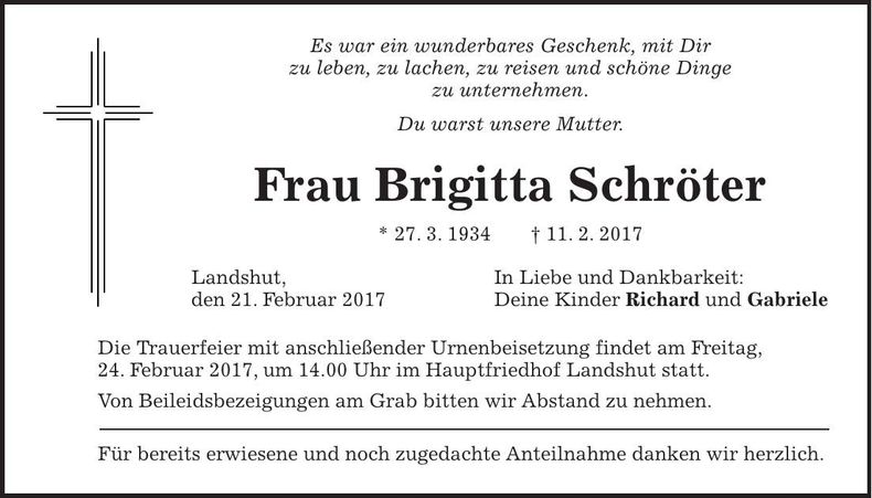 Traueranzeige Brigitta Schröter