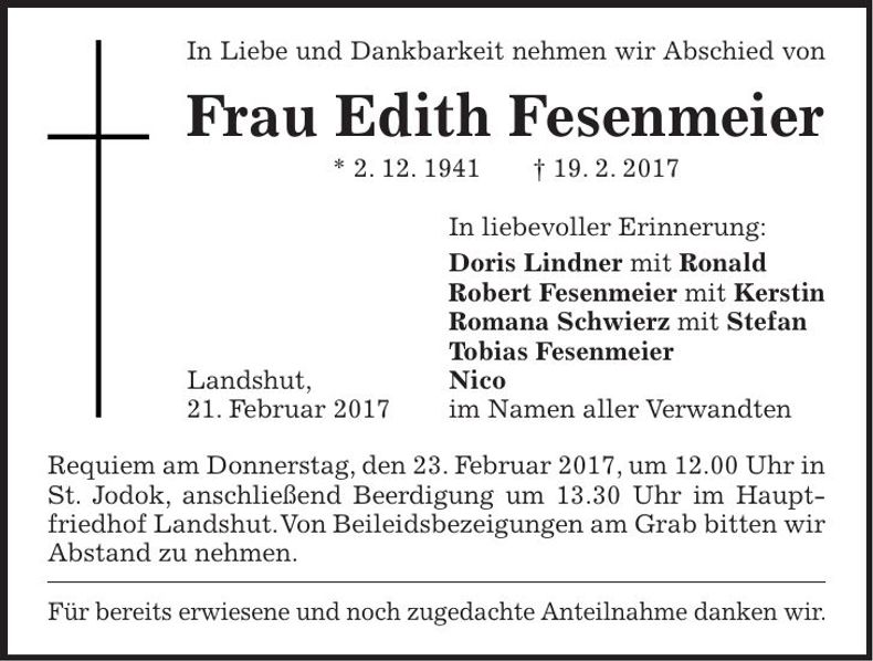 Traueranzeige Edith Fesenmeier