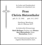 Traueranzeige Christa Hutzenthaler