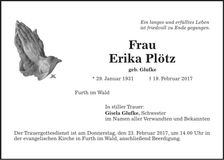 Traueranzeige Erika Plötz