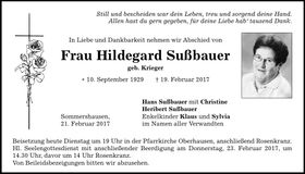 Traueranzeige Hildegard Sußbauer