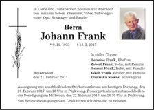 Traueranzeige Johann Frank
