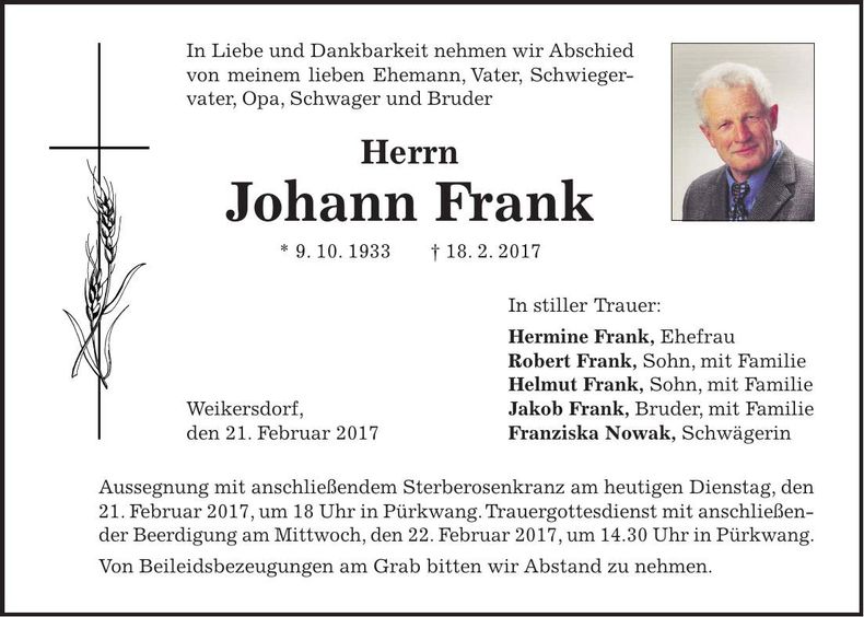 Traueranzeige Johann Frank