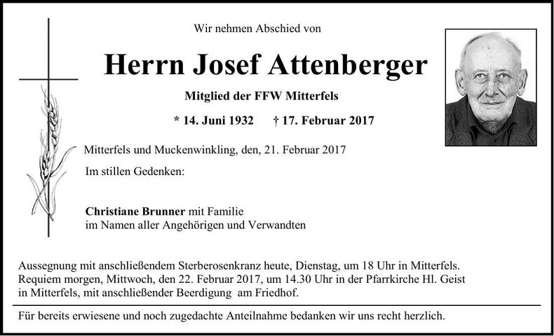 Traueranzeige Josef Attenberger