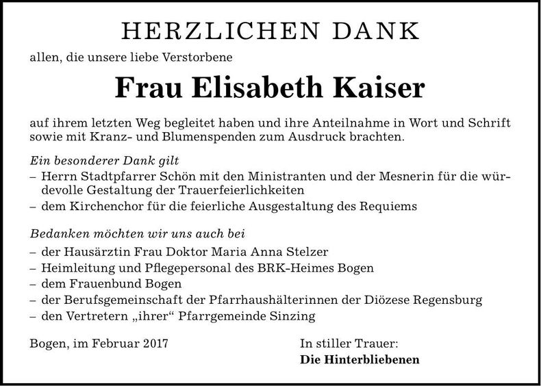 Traueranzeige Elisabeth Kaiser