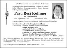 Traueranzeige Resi Kollmer