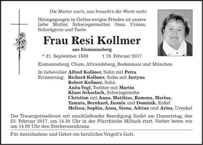 Traueranzeige Resi Kollmer