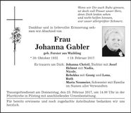 Traueranzeige Johanna Gabler