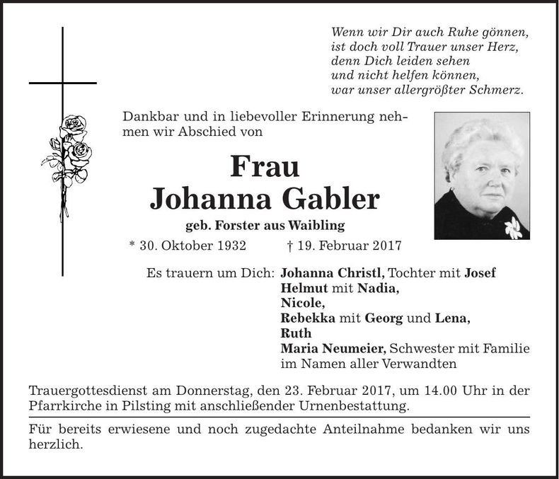 Traueranzeige Johanna Gabler