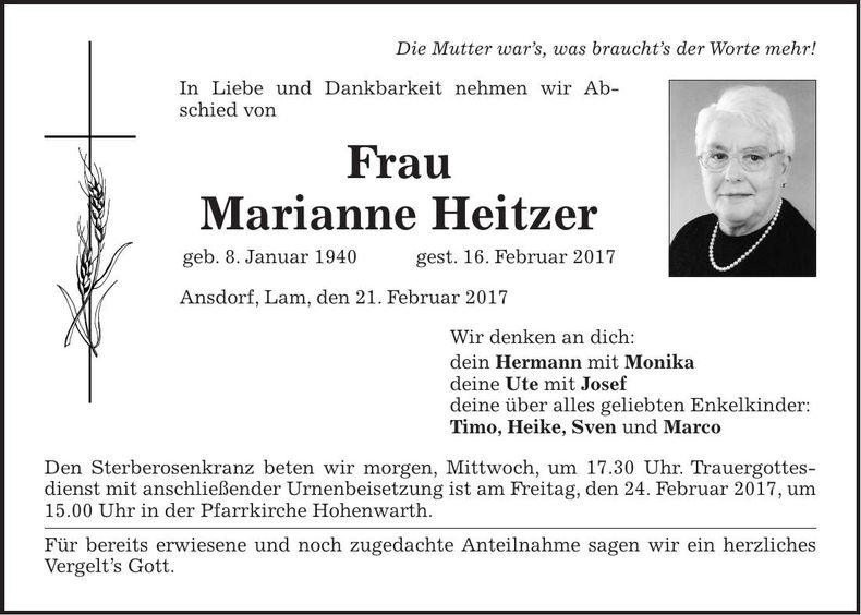 Traueranzeige Marianne Heitzer