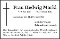 Traueranzeige Hedwig Märkl