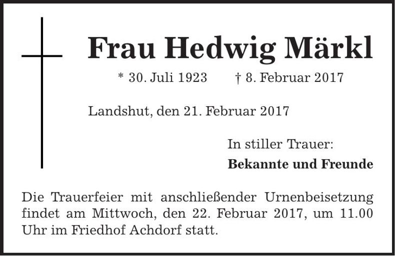 Traueranzeige Hedwig Märkl