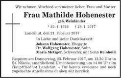 Traueranzeige Mathilde Hohenester