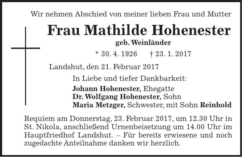 Traueranzeige Mathilde Hohenester