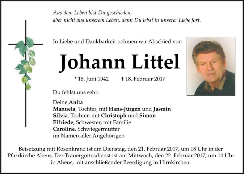 Traueranzeige Johann Littel