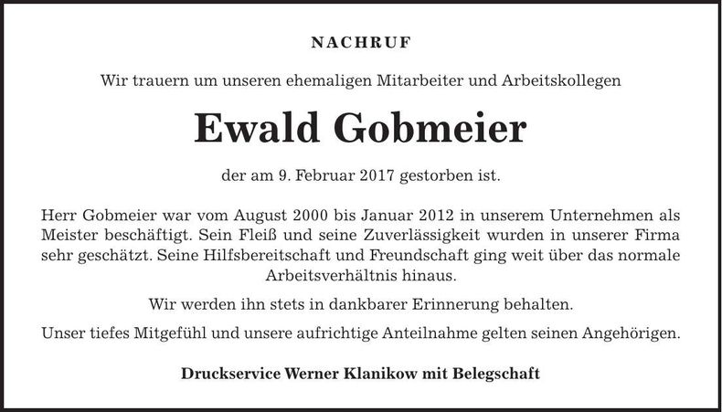 Traueranzeige Ewald Gobmeier