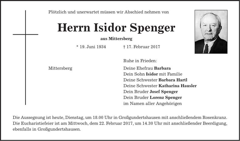 Traueranzeige Isidor Spenger