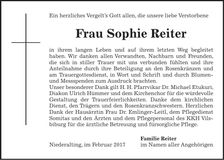 Traueranzeige Sophie Reiter