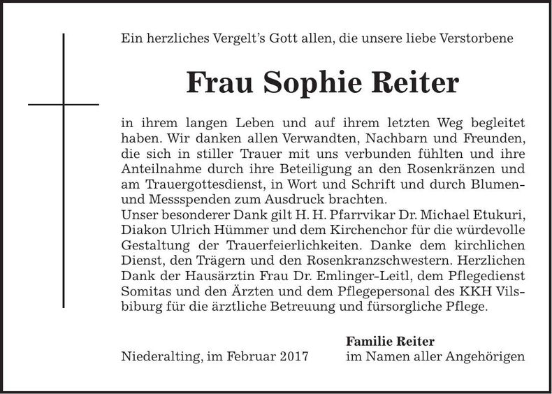 Traueranzeige Sophie Reiter