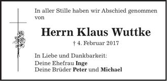 Traueranzeige Klaus Wuttke