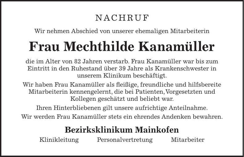 Traueranzeige Mechthilde Kanamüller