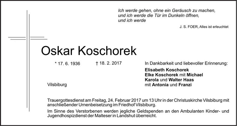 Traueranzeige Oskar Koschorek