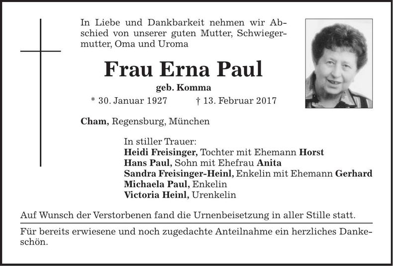 Traueranzeige Erna Paul