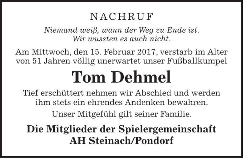 Traueranzeige Tom Dehmel