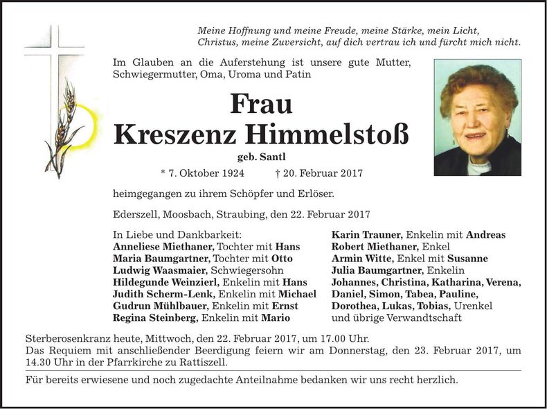 Traueranzeige Kreszenz Himmelstoß