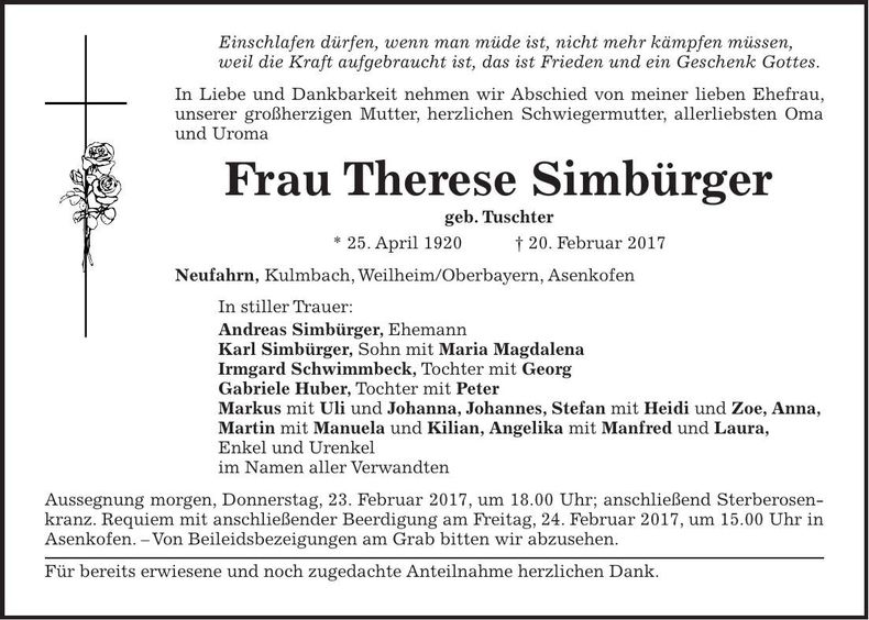 Traueranzeige Therese Simbürger