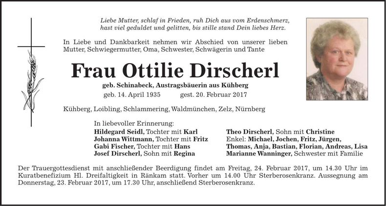 Traueranzeige Ottilie Dirscherl