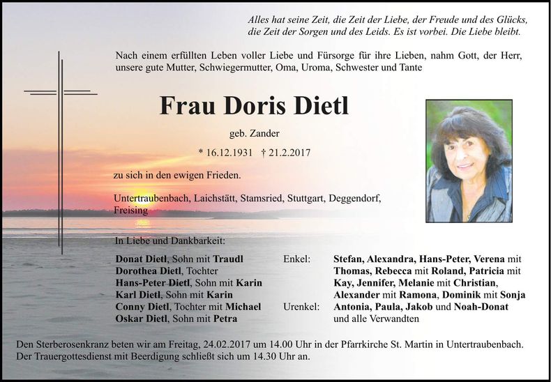 Traueranzeige Doris Dietl