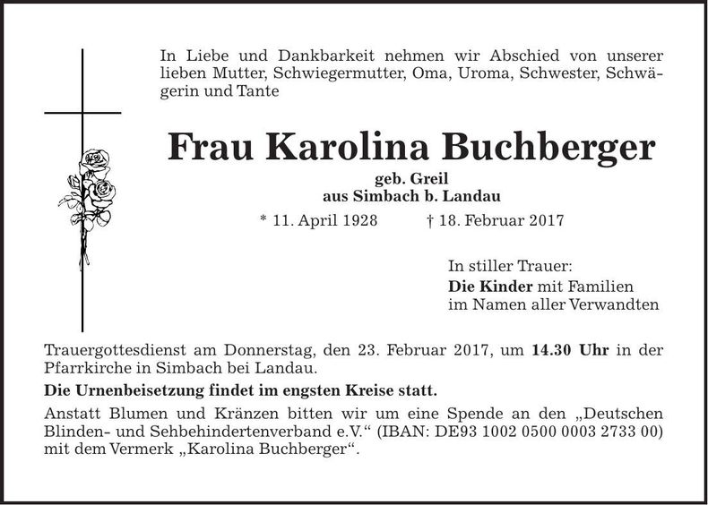 Traueranzeige Karolina Buchberger