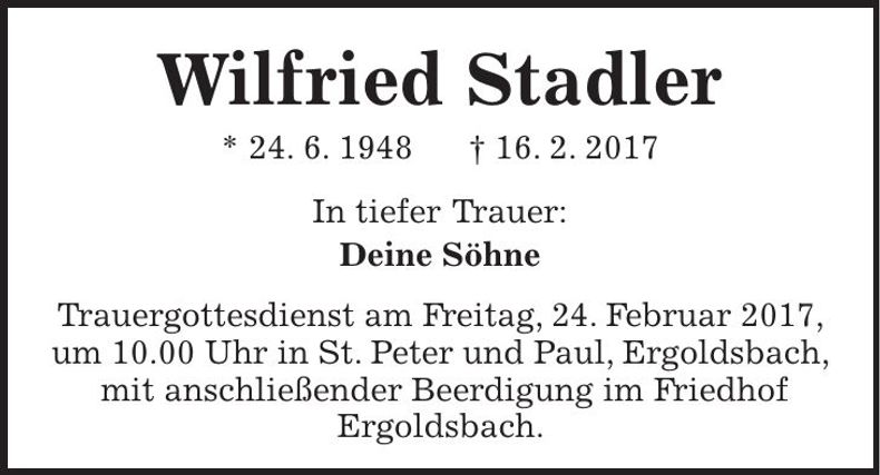 Traueranzeige Wilfried Stadler