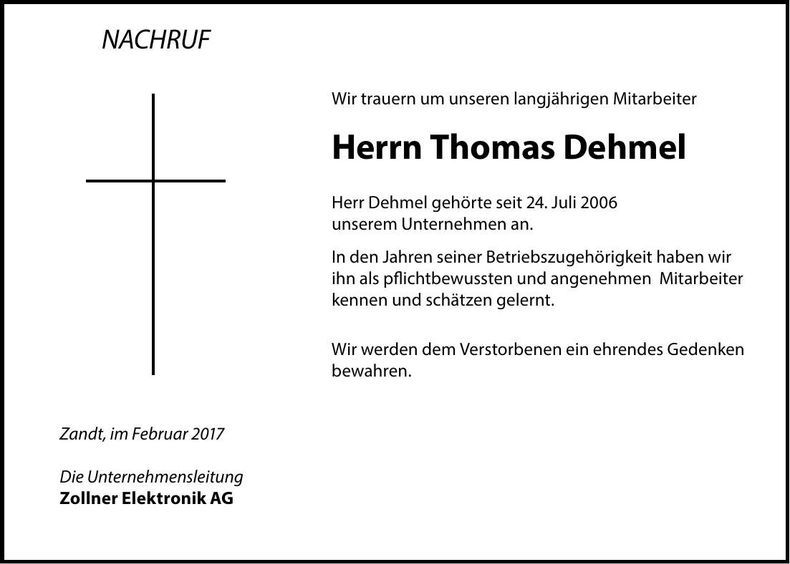 Traueranzeige Thomas Dehmel